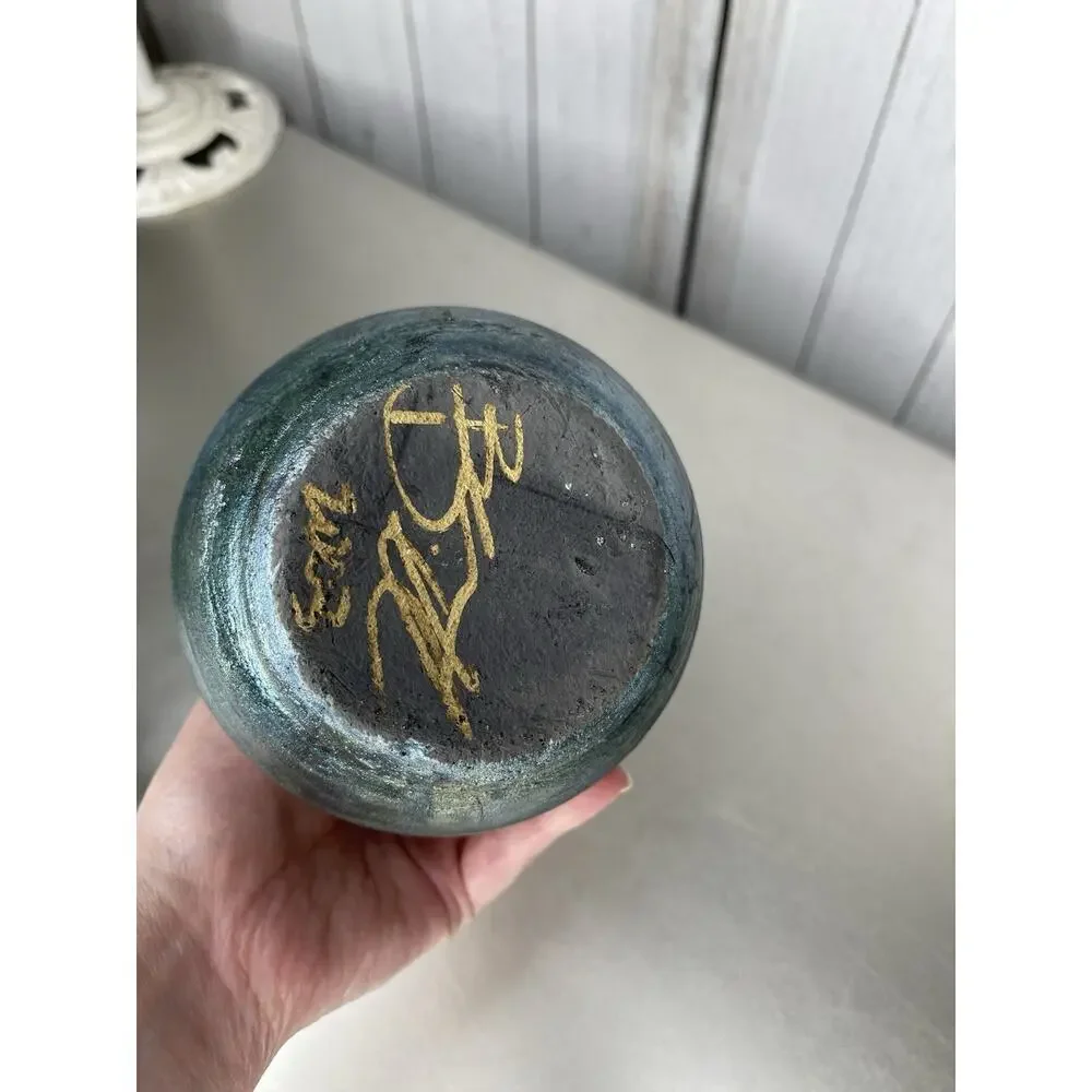 Vintage Raku Signed Pottery Vase Green Iridescent 5in Tall Animals Bears